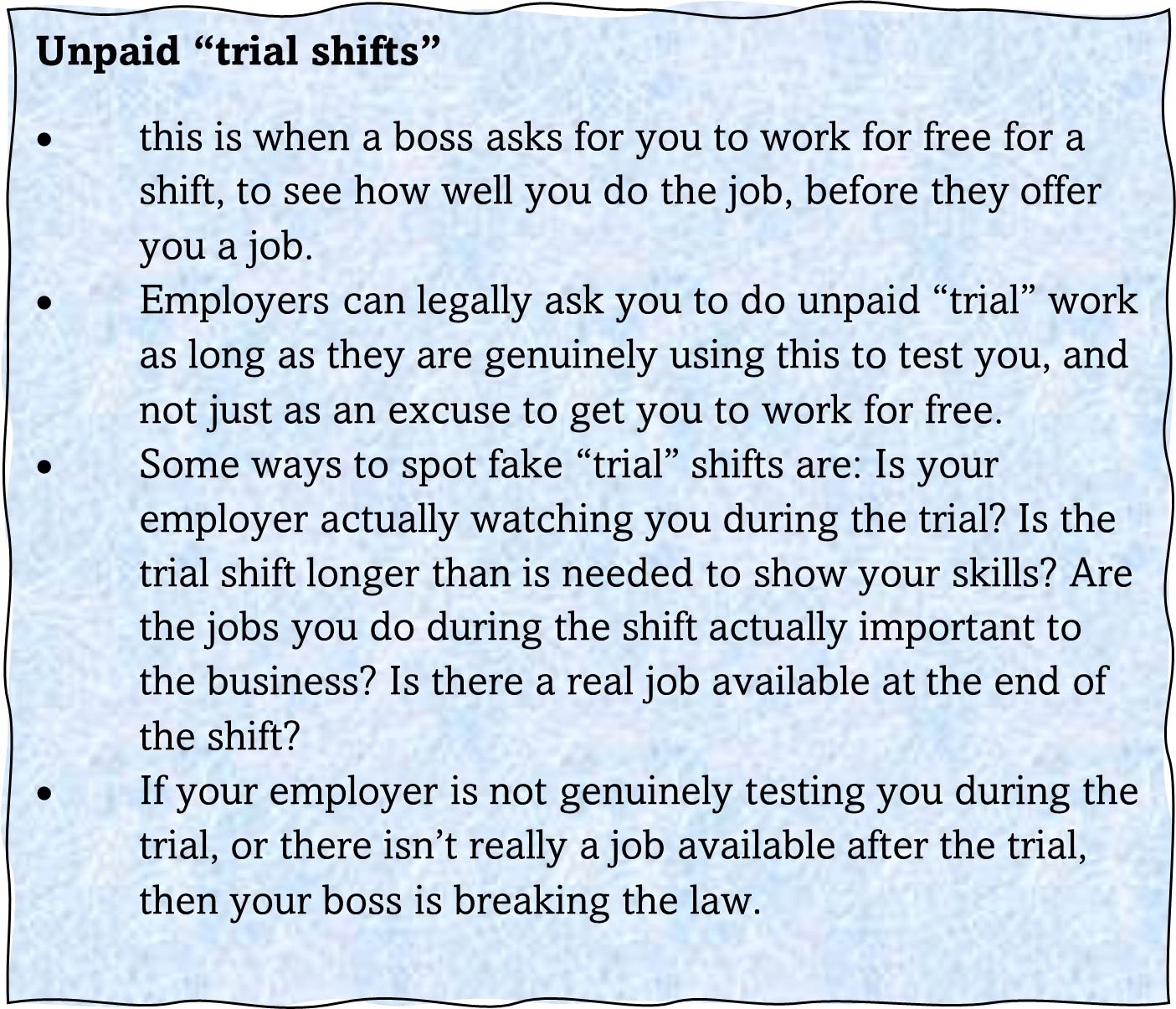 Unpaid “trial shifts”